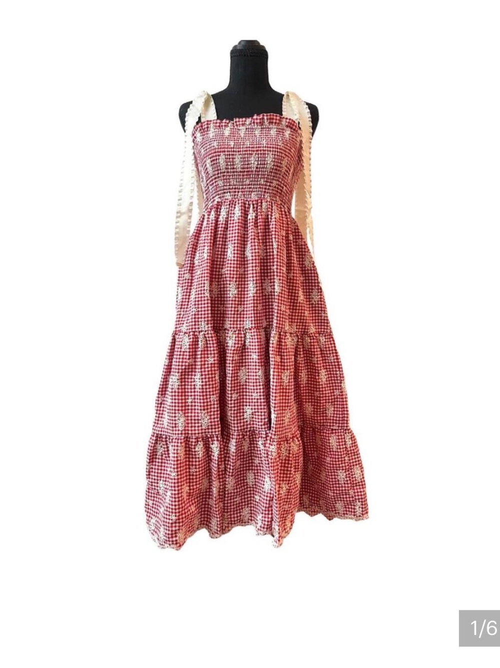 Kids Red Smocked Tiered Sundress with Cream Ties
